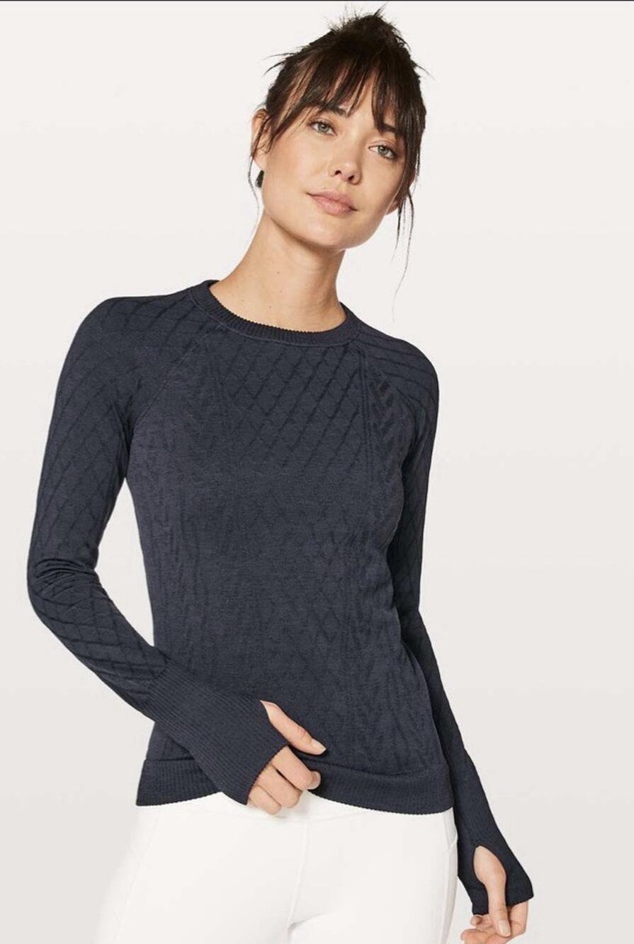 Lululemon Rest Less Pullover Cable Textured Base Layer Thumb Hole Midnight Navy